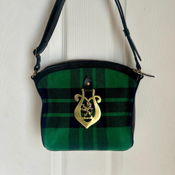 Vintage Tartan Plaid Shoulder Bag with Brass Griffin Medallion and Leather Trim - Picture 1 of 7